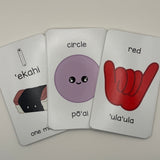 Educational flashcards with colorful illustrations and text on a white background